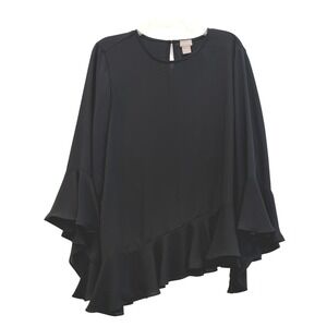Chicos Black Ruffle Asymmetrical Hem Bell Sleeve Blouse Top Size 2 US 12/14